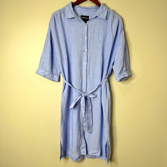 Tahari Blue 100% Linen Button Front Tie Belt Shirt Dress Coastal Cover-up Large - Picture 1 of 10
